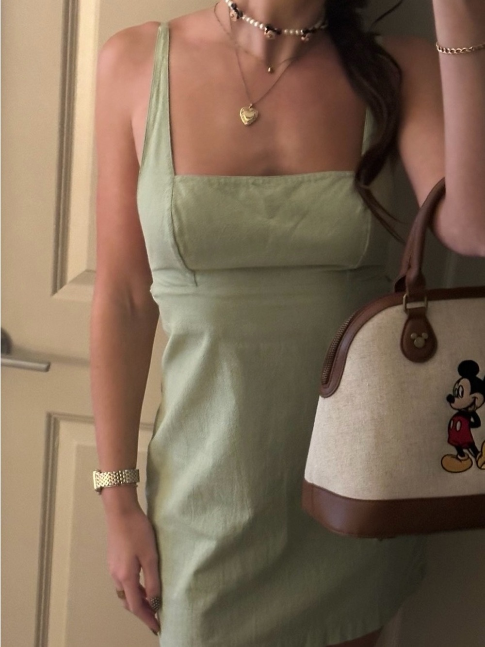 Sage Square-Neck Linen Blend Mini Dress